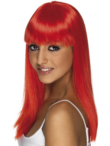Smiffys Glamourama Wig, Neon Red Long, Straight with Fringe, Ladies Glamour Wigs Fancy Dress, Adult Dress Up Wigs Halloween