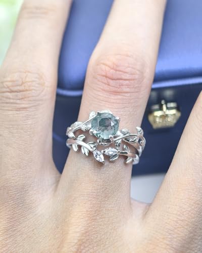 Natural Moss Agate Ring Set 925 Sterling Silver and Pear Birthstone Ring Set Leaf Birthday Engagement Wedding Promise Ring for Her Birthday Christmas Jewelry Gift for Women4