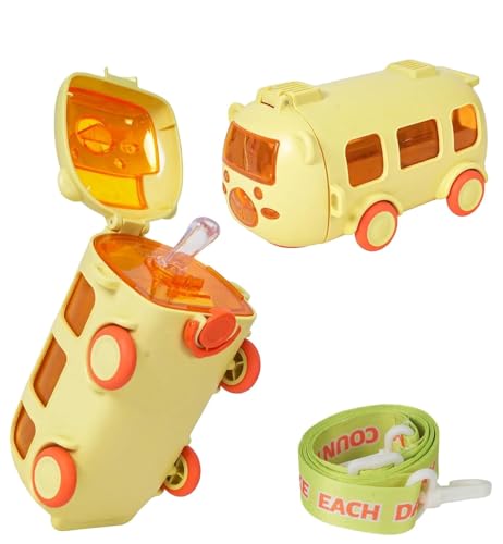 Image of PLUSPOINT Bus Water Bottle for Kids Detachable Straw Water Cup with Shoulder Strap Leak-Proof Kids Drink Cup Cute Cartoon Water Jug Toy with Wheels Toddler Water Bottle for Boys and Girls