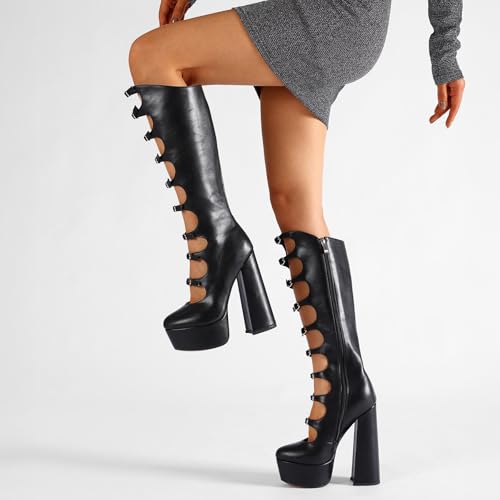 FancyQueen Gothic Boots for Women Knee High Chunky Platform Boots Black Lolita Buckle Block Heels Punk Combat Mid Calf Shoes4