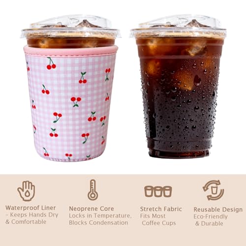Image of Reusable Insulated Sleeve for Iced Coffee Cup, Coffee Neoprene Sleeve for Cold & Hot Drinks, Beverage Holder for Iced Coffee (Pink Cherry, Medium: 22-24oz)