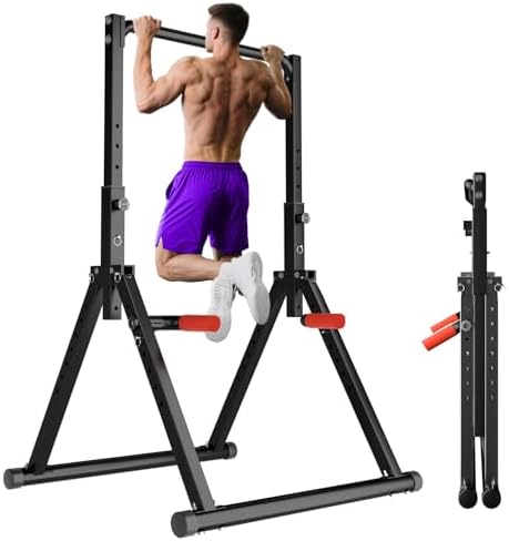 WATBKHE Klimmzugstange Power Tower, 170-230 cm | Faltbare Klimmzugstange mit Dip-Station, 7 Höhenstufen, Stahlrahmen und Gummigriffen für Krafttraining zu Hause