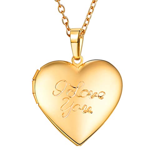 U7 Custom Photo Locket Necklace - Oval & Heart Shaped Locket - Gold/Silver/Rose Gold Personalized Image Necklaces for Women 03-Gold I Love You a. lock