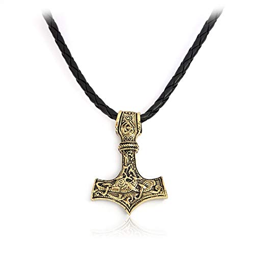 AILUOR Men Viking Leather Norse Thor's Hammer Mjolnir Celtic Knot Pendant Necklace Jewelry Scandinavian (Gold)