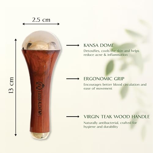Image of Kansa Wand Ayurvedic Dual Sided Kansa Wand Massager | 100% Bronze & Teakwood handle- Portable Face, Neck, Body & Foot Massager | Promotes Relaxation & Improves Blood Circulation | Face Yoga Wellness Tool
