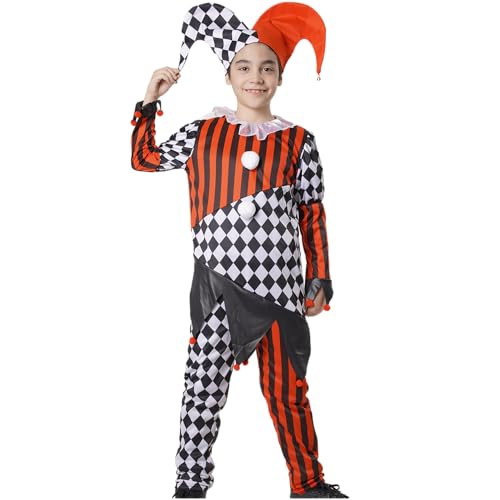 Déguisement de clown horreur pour enfant, arlequin à carreaux et rayures, noir rouge, Halloween, carnaval, cosplay, fête scolaire, théâtre défilé, col...