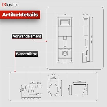 Lavita LAV 101 Vorwandelement für WC 40cm + Wand Hänge Tiefspül WC PRAIA Schwarz Spülrandlos + Bedienplatte LAV 200.3.4 Schwarz | Komplettset | Unterputz Spülkasten | Toilette Komplett Sett – Bild 3