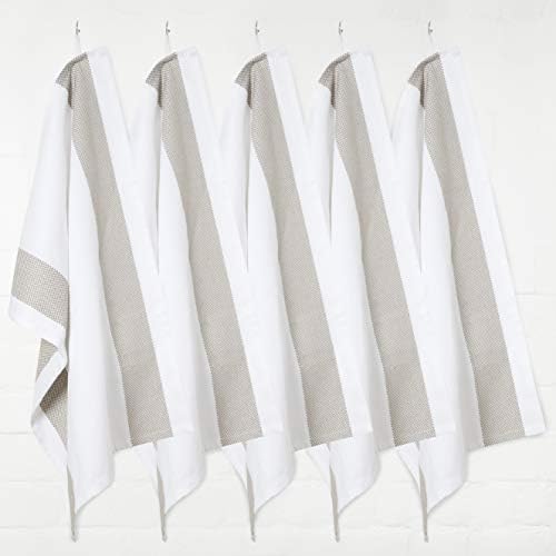 Sticky Toffee 100% Cotton Tea Towel - Pack of 5, Cappuccino Grey Mini Check Stripe | Large Kitchen Hand Cloth Set | Absorbent, Strong, Quick Dry & Machine Washable | Home Decor & Kitchen Accessories