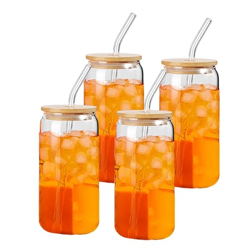 Set de 4 vasos de vidrio con tapa y sorbete 18oz