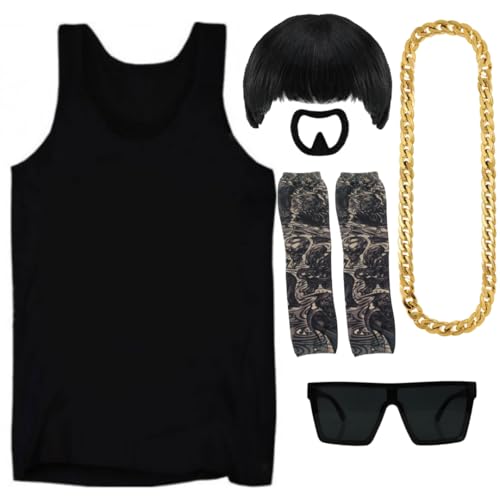 Ibiza Final Boss Costume Bowl Cut Wig Black Vest Gold Chain Goatee 2 Tattoo Sleeves & Black Glasses Funny Fancy Dress Outfit for Halloween Festivals & Parties
