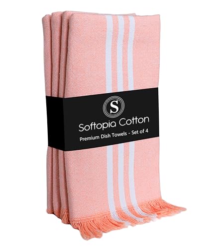 Image of Prewashed Stripe Dish Towels 4 Pack, 16x26 Inches, 100% Cotton Kitchen Cloths, Quick Drying Wash Rags, Reusable and Absorbent, Washable Towels for Cleaning, Cooking - Light Orange