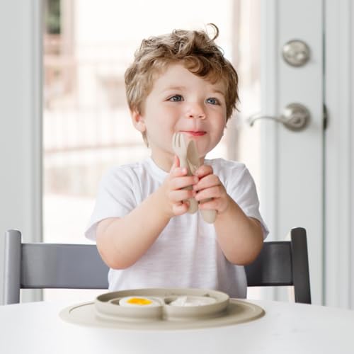 Image of ezpz Mini Utensils - 100% Food Grade Silicone + Nylon Self Feeding Spoon & Fork for Baby /Toddler Led Weaning + Purees - Designed by a Pediatric Feeding Specialist - Sensory Bumps - 12 Months+ (Oat)