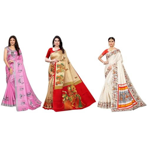 Image of Yashika Women's Sarees Women's Combo Art Silk Printed Saree With Unstitched Blouse Piece |saree for Women | saree combo | New Sari | Saree Pack Of 3