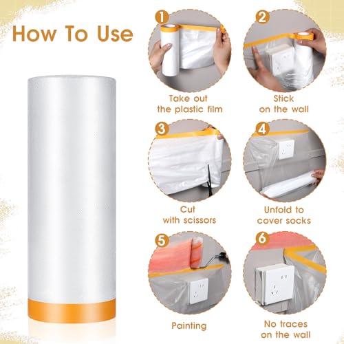 Image of 6 Rolls 60 In x 65 Ft Painters Plastic With Tape, Pre-Taped Masking Film, Tape and Drape, Paint Adhesive Protective Film Roll for Automotive Painting Covering, Automotive Best Masking Tape Painting
