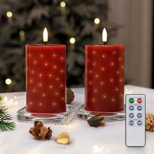 Rhytsing 2er Rot LED-Wachskerzen mit funkelnden Glasfaserlichtern,...