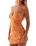Jeibkouy Sexy Sparkly Sequin Mini Dress For Women Sleeveless Halter Open Back Strap Party Club Cocktail Bodycon Short Outfits Orange