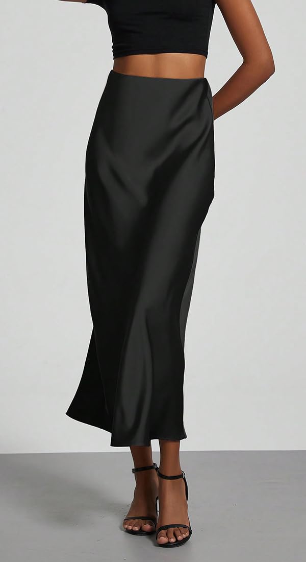 Jupe Longue Femme Jupe Satin Taille Haute Elastique Robe Femme Robe Satin Ligne A Couleur Unie Casual Chic Élégante Soirée