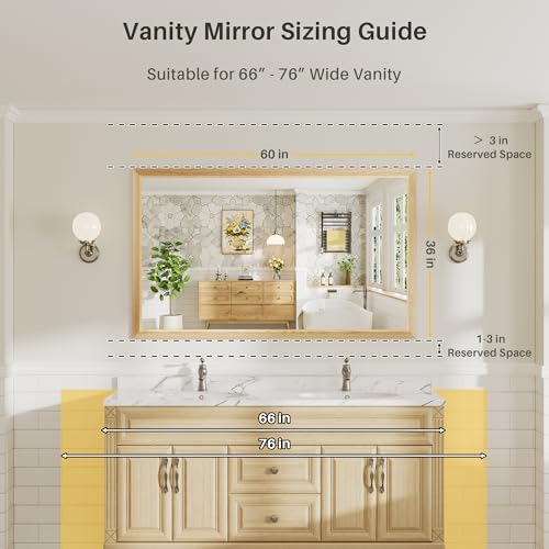 Image of 60x36 Inch Bathroom Mirror for Wall, Anti-Rust Oak Wood Grain Metal Framed Bathroom Mirrors for Over Sink,Rectangler Mirrors for Bathroom Vanity, Farmhouse, Bedroom, Living Room, Entryway Decor