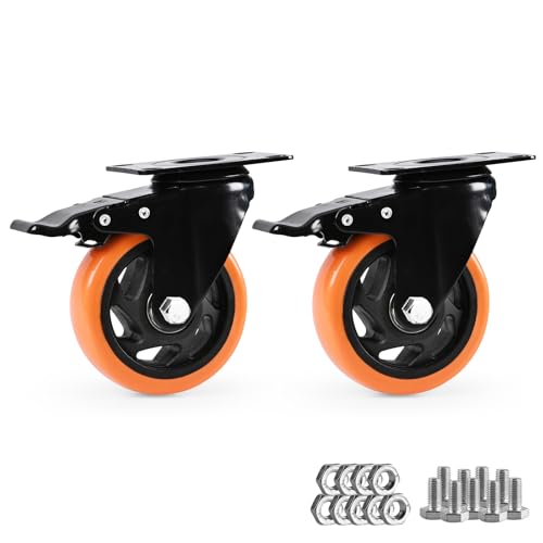Roulettes pivotantes orange de 10,2 cm avec frein pour chariot et établi | Lot de 2