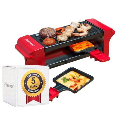 Bestron Raclette für 1 bis 2 Personen Mini Tischgrill mit zwei Pfännchen und zwei Holzschabern 350 Watt Farbe: Rot/Schwarz