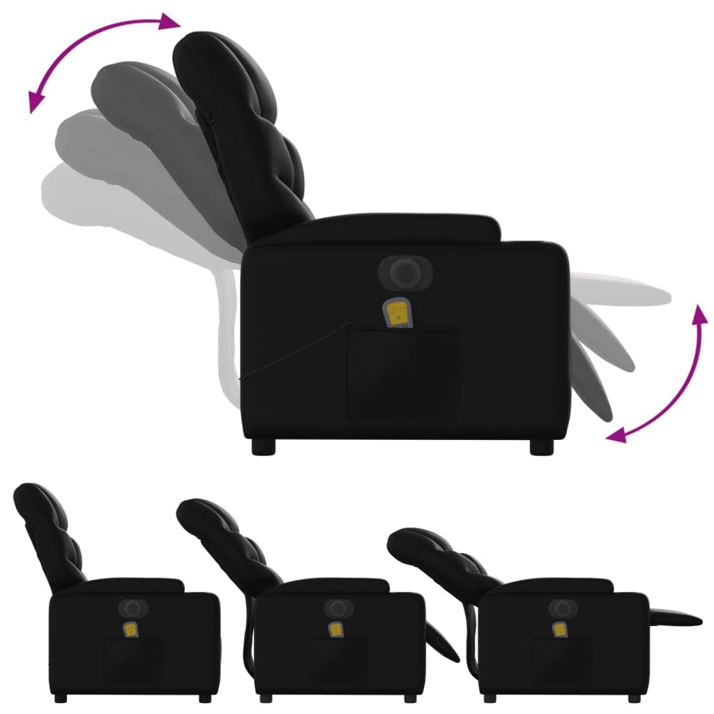 Sillón elevador eléctrico reclinable negro de piel sintética con 6 puntos de masaje, función de elevación y vibración, portavasos y bolsillo lateral
