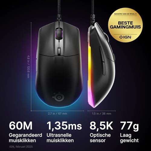 SteelSeries Rival 3 Gen 2-gamingmuis - TrueMove Core optische sensor met 8.500 DPI - Gegarandeerd 60 miljoen muisklikken - Lage latency - Laag gewicht van 77 g - Voetjes van 100% PTFE - RGB - Zwart - Afbeelding 3