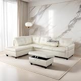 GlasFlength Leather L Shaped Couch with Ottoman, Modern Nail-Head Design Comfy Sectional Sofa with Cup Holder & Chaise for Living Room, Bedroom, Office, White