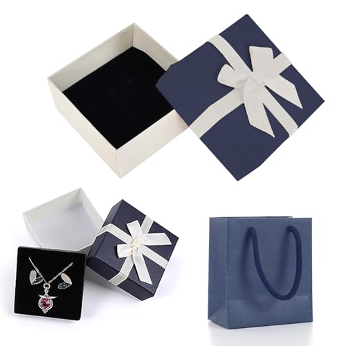 2 Stück Schmuck Geschenkbox, Geschenkbox mit Deckel, Geschenkkarton mit Schleife, für Kette, Ring, Ohrringe (Blau)