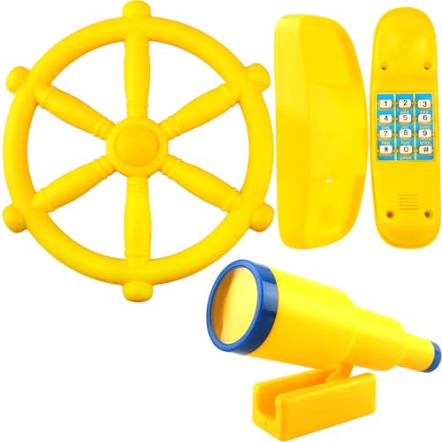 Restroma 3 Pack Kids Playground Accessories Pirate Ship Steering Wheel Plastic Steering Wheel Swingset Telephone Plastic Telescope for Kids Outdoor Playhouse Treehouse Playset (Yellow)