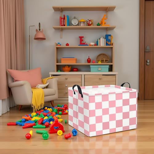 Image of Rectangular Baby Girl Basket Fabric Storage Basket Storage Bin Organizer Box Room Decor(Pink Checkered)