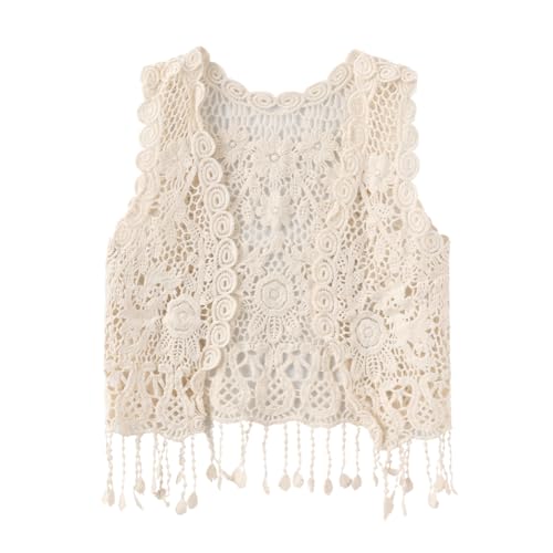 Girls Crochet Vest Cardigan with Fringe V-Neck Sleeveless Boho Vest Hollow Out Cardigan