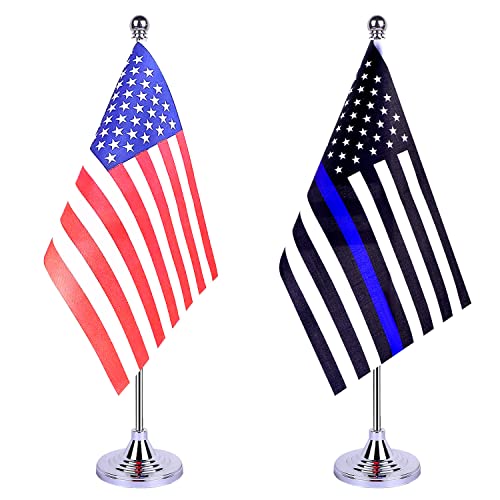 Fwiw American Usa Thin Blue Line Flag Police Table Flag,Small Mini Policeman Office Desk Flags With Stand Base,Us Party Festival Events Home Office Decorations(2Pack) #TOP16