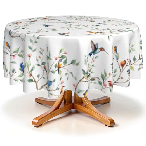 Spring Round Bird Tablecloth 60 Inch Watercolor Birds Floral Leaf Summer Print Decorative Washable Polyester Table Cloth for Party Picnic Home Kitchen Decor Decoration