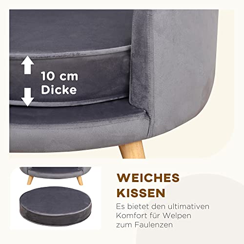 PawHut Hundesofa, Haustiersofa mit Samtoptik, Katzensofa mit Kissen, Hundebett, Hundecouch mit Erhöhtem Design, Hundesessel mit Holzbeine, Grau, 68 x 68 x 35 cm