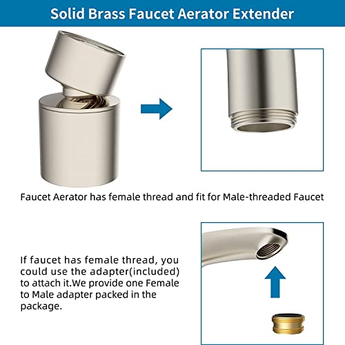 Hibbent Faucet Aerator, 360° Swivel Kitchen Sink Aerator, Dual-Function 2-Flow Sprayer Faucet Head, Big Angle Sink Sprayer Attachement, Faucet Replacement Part 55/64 Inch Female Thread, Brushed Nickel #TOP4