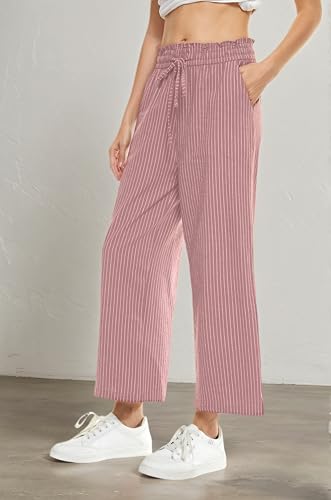 Image of LNX Womens Linen Capri Pants Wide Leg High Waisted Drawstring Casual Cropped Pants with Pockets