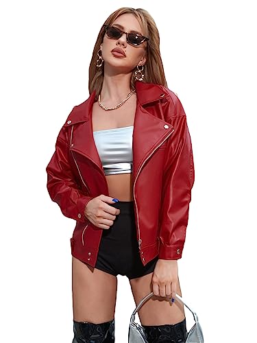 MakeMeChic Women's Casual Faux Leather Cropped Jacket Zip Up Long