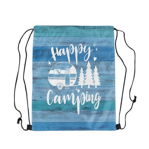 Castle Fairy RV Camper Drawstring Backpack,Happy Camping Waterproof Sports Gym Bag,Farmhouse Style Barn Door Large Capacity for Travelling,Swimming,Beach,Blue2