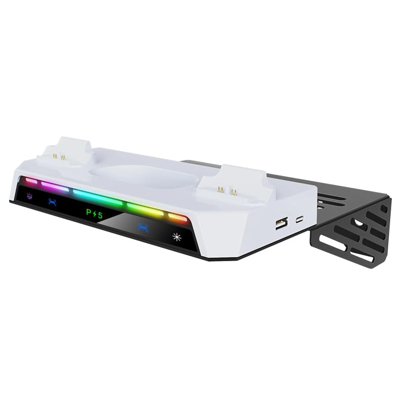 Wall Mount Kit For PS5/ Pro/Slim Console with RGB Light Charging Station Headset Hanger For PS5 Dual Controller Accessories