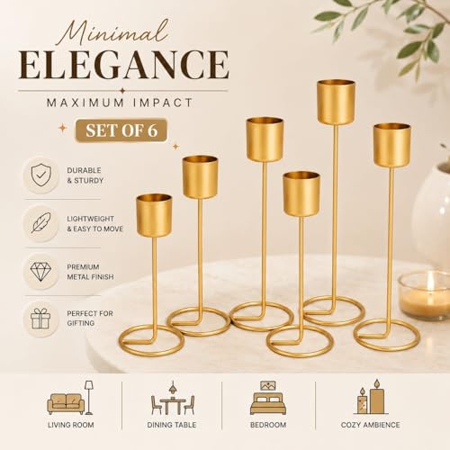Image of (Set of 6) Gold Metal Taper Candle Holder - Decorative Modern T-Light Stand for Home Decor, Table Centerpiece, Wedding & Festival Decoration, Elegant Golden Stick Holders