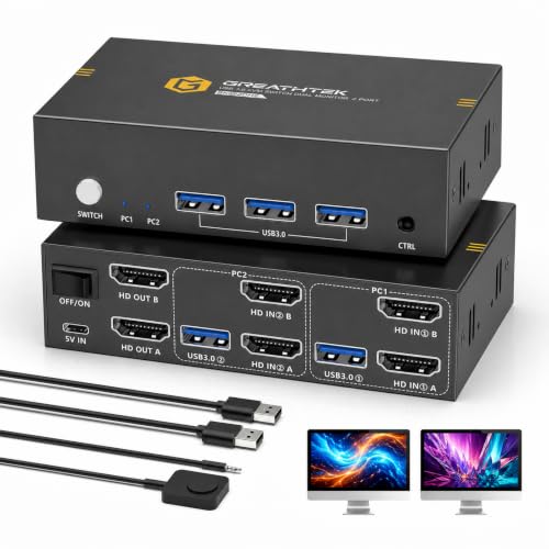 Image of GREATHTEK 8K@60Hz HDMI KVM Switch 2 Monitors 2 Computers | 4K 240Hz Dual Monitor Switch|3 USB 3.0 Ports| EDID| Wired Remote| Extended and Mirror Display