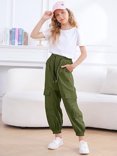 Image of Girls Cargo Pants Elastic Waist Casual Jogger Pants for Girls Streetwear Loose Parachute with Pockets 7-14Years