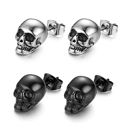 2 paires Boucles d'Oreilles Clou Boucles d'Oreilles Clou Crâne Tête de Mort Unique Punk Rock Hip Hop Argent Noir Argent Bijoux Fantaisie Halloween Cadeaux d'anniversaire