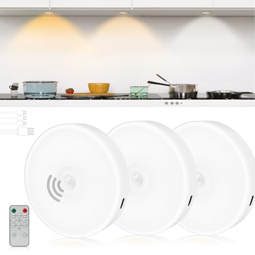 HOMEBEST Motion Sensor Puck Lights with Remote, Rechargeable Under Cabinet Lighting Wireless, Magnetic Ultra LED Closet Light Dimming & Timing, 3 Color Under Counter Light for Kitchen,Display Case(3P)
