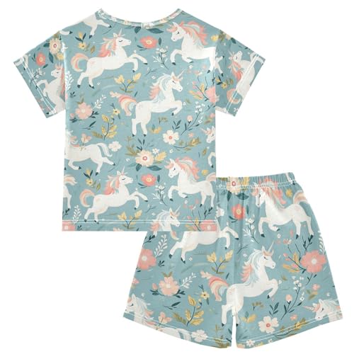 ALAZA Flower Unicorn Cartoon Floral Pajamas Set Short Sleeve Cotton Sleepwear Summer Pjs 2 Piece 5-14Y2