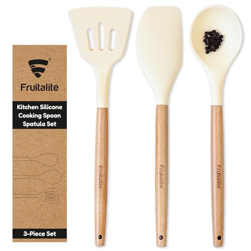Image of Fruitalite Silicone Spatula Set- 3 Pcs | Non-Stick Kitchen Utensils with Wooden Handle- BPA Free, Heat Resistant Set, Non Toxic Premium Cookware Tools for Cooking, Baking & Mixing- Beige