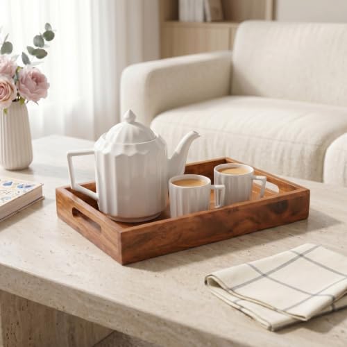 Image of Nestasia Wooden Serving Tray with Handles (36x20cm) - Acacia Wood Rectangular Brown Tray for Dining & Coffee Table | Platter for Serving Tea, Cakes, Snacks, Breakfast & Home Decor (Warm Honey-Brown)