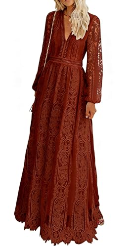 Cercis Women V-Neck Long Sleeve Floral Lace Formal Maxi Dress