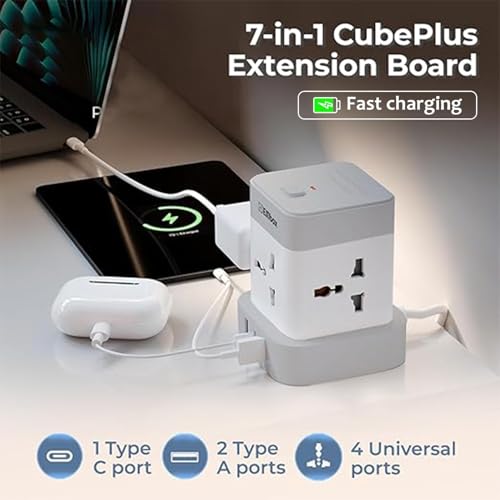Image of EMBOX Cube Extension Board 5 Meter Cable Type C | (3.4 A) (QC 3.0) Universal Sockets 2500W Extension Board with Switches Safety Shutter & Overload Protector | Extension Cord 12W