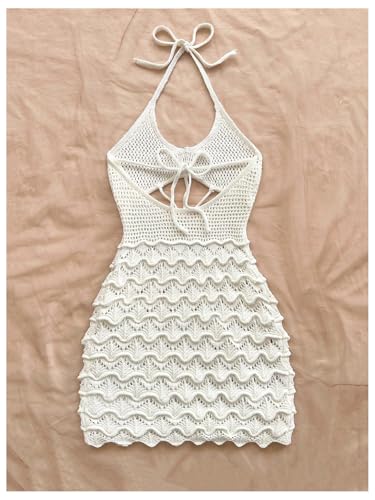 Image of GORGLITTER Women's Vacation Outfit Crochet Halter Knit Bubble Mini Dress Sexy Beach Cruise Summer Miami Resort Outfits